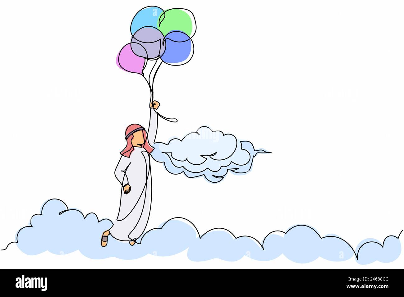 Ligne continue unique dessinant homme d'affaires arabe volant avec ballon à travers le nuage. L'employé atteint son objectif, sa cible, trouve une solution. Liberté financière. Illustration de Vecteur