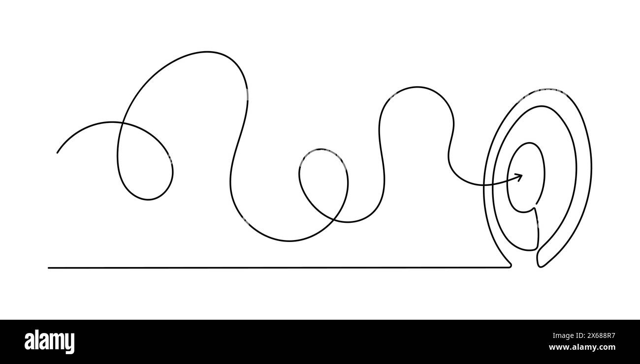 Une cible avec une flèche est un dessin de ligne continue avec une ligne. Méta-cercle linéaire dessiné latéralement. Illustration vectorielle isolée sur blanc. Illustration de Vecteur