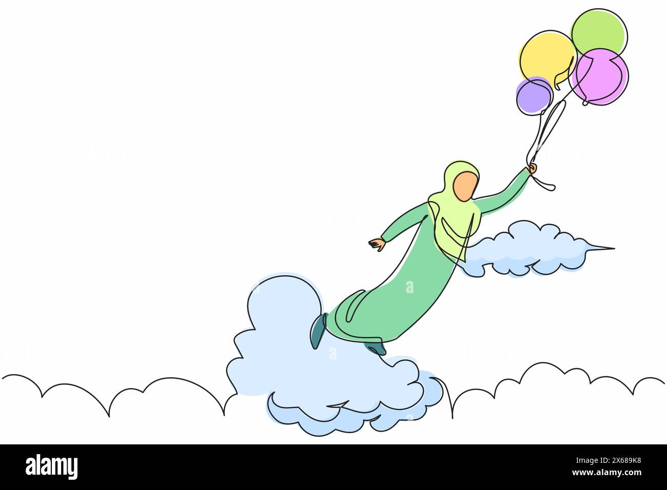 Continue d'une ligne dessinant joyeuse femme d'affaires arabe volant avec l'air de ballon dans le ciel. Employé de bureau heureux atteindre l'indépendance financière. Péché Illustration de Vecteur