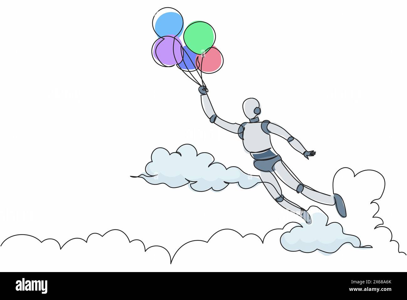Robot de dessin à une ligne unique volant avec de l'air de ballon. Atteindre l'indépendance financière. Développement technologique futur. Processus d'apprentissage automatique. Suite Illustration de Vecteur