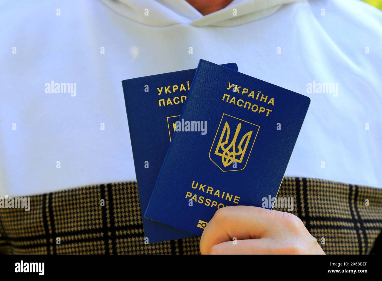 2 passeports Ukraine citoyens avec inscription en ukrainien - passeport de l'Ukraine reposent sur la valise jaune bleu en couleur du drapeau ukrainien. Voyage, refuge Banque D'Images