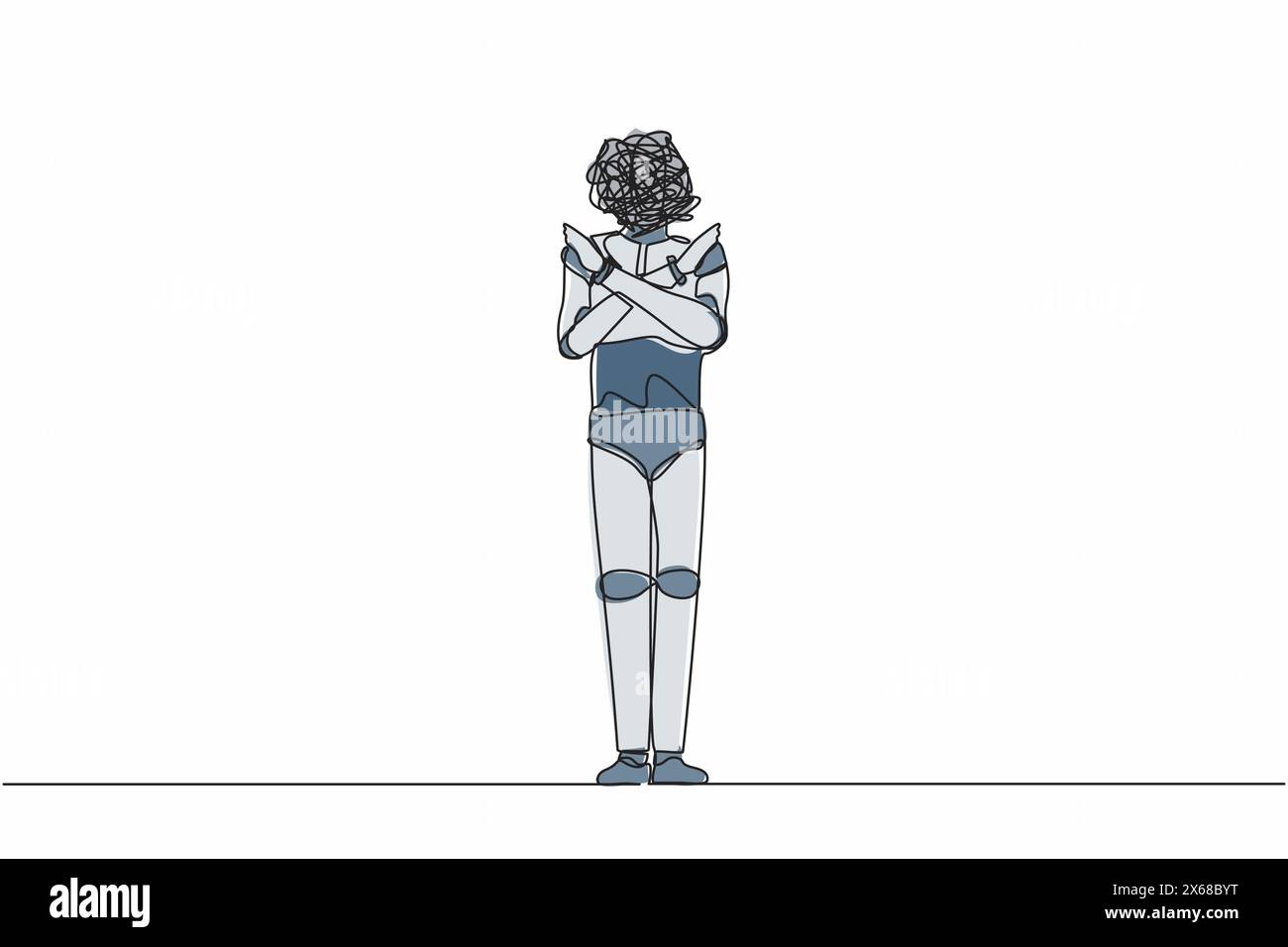 Robot de dessin simple d'une ligne avec des griffonnages ronds au lieu de la tête, debout avec les bras croisés. Signe de rejet. Dire non. Organis cybernétique humanoïde Illustration de Vecteur