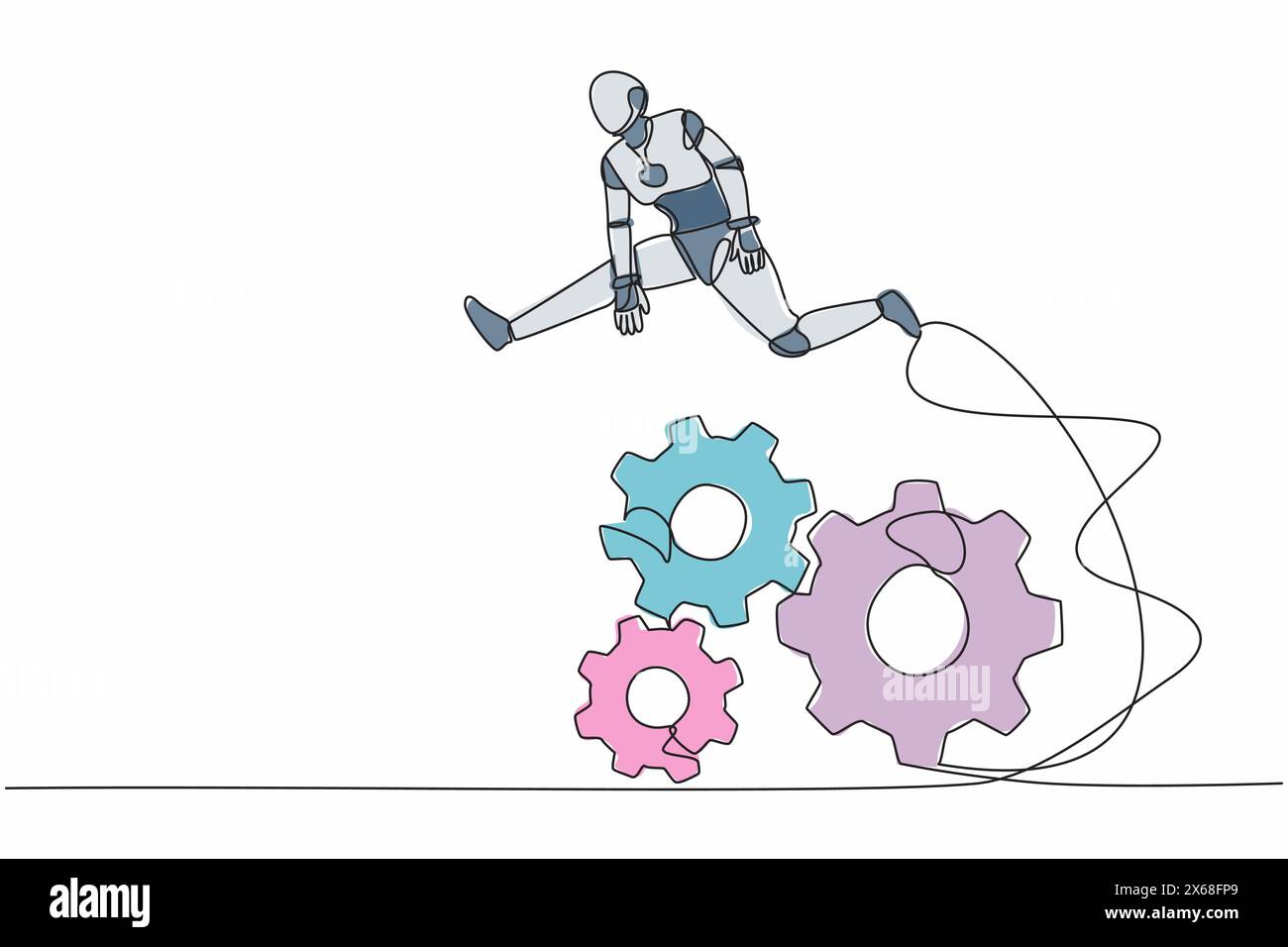 Robot de dessin de ligne continue unique sautant au-dessus de gros engrenages. Développer l'innovation commerciale. Système de gestion d'opérations. Intellige artificielle robotique Illustration de Vecteur