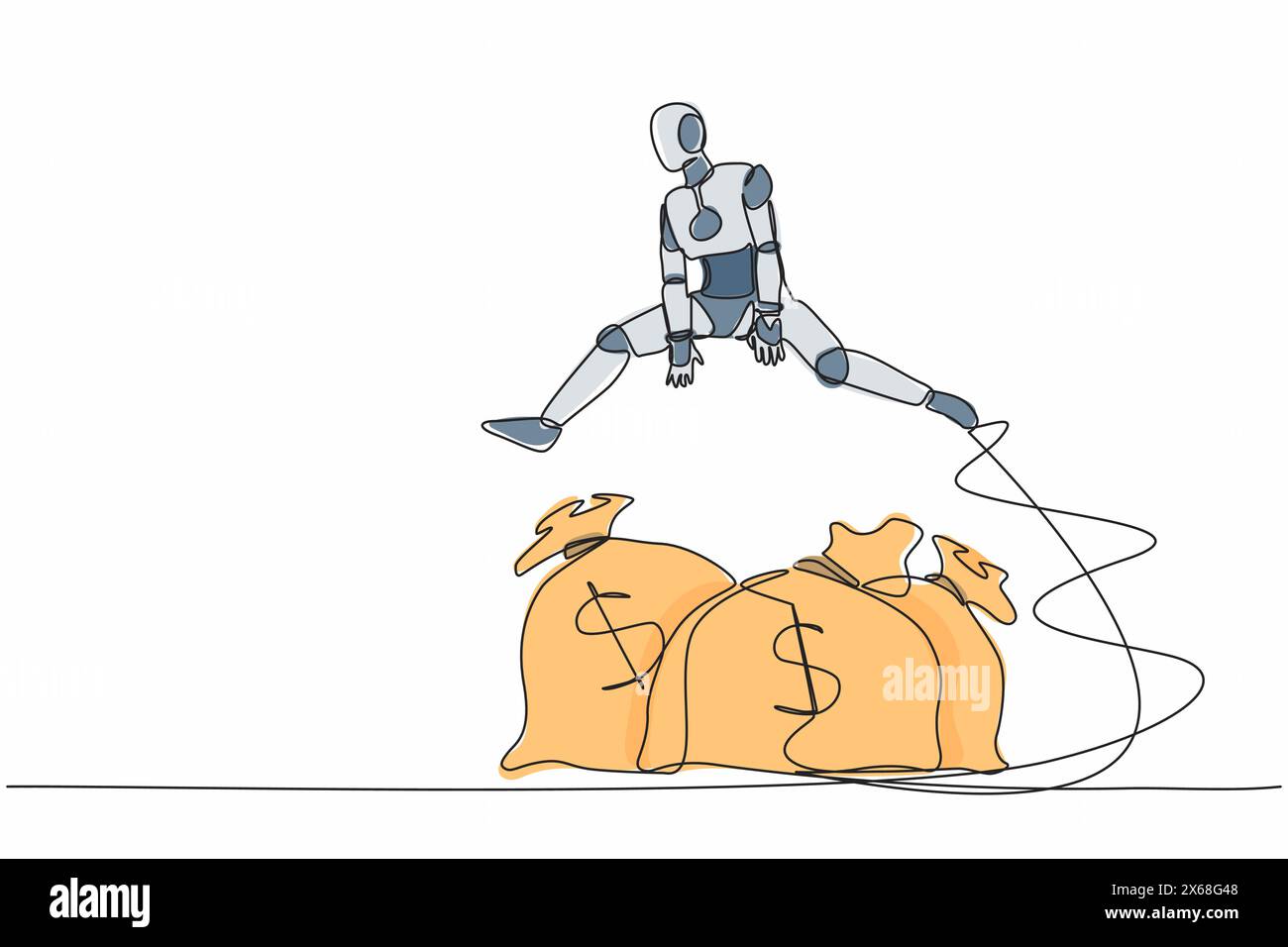 Robot dessinant une ligne continue unique sautant par-dessus un sac à billets. Prêt commercial ou financement de capital, aide financière en crise. Intelli artificiel robotique moderne Illustration de Vecteur
