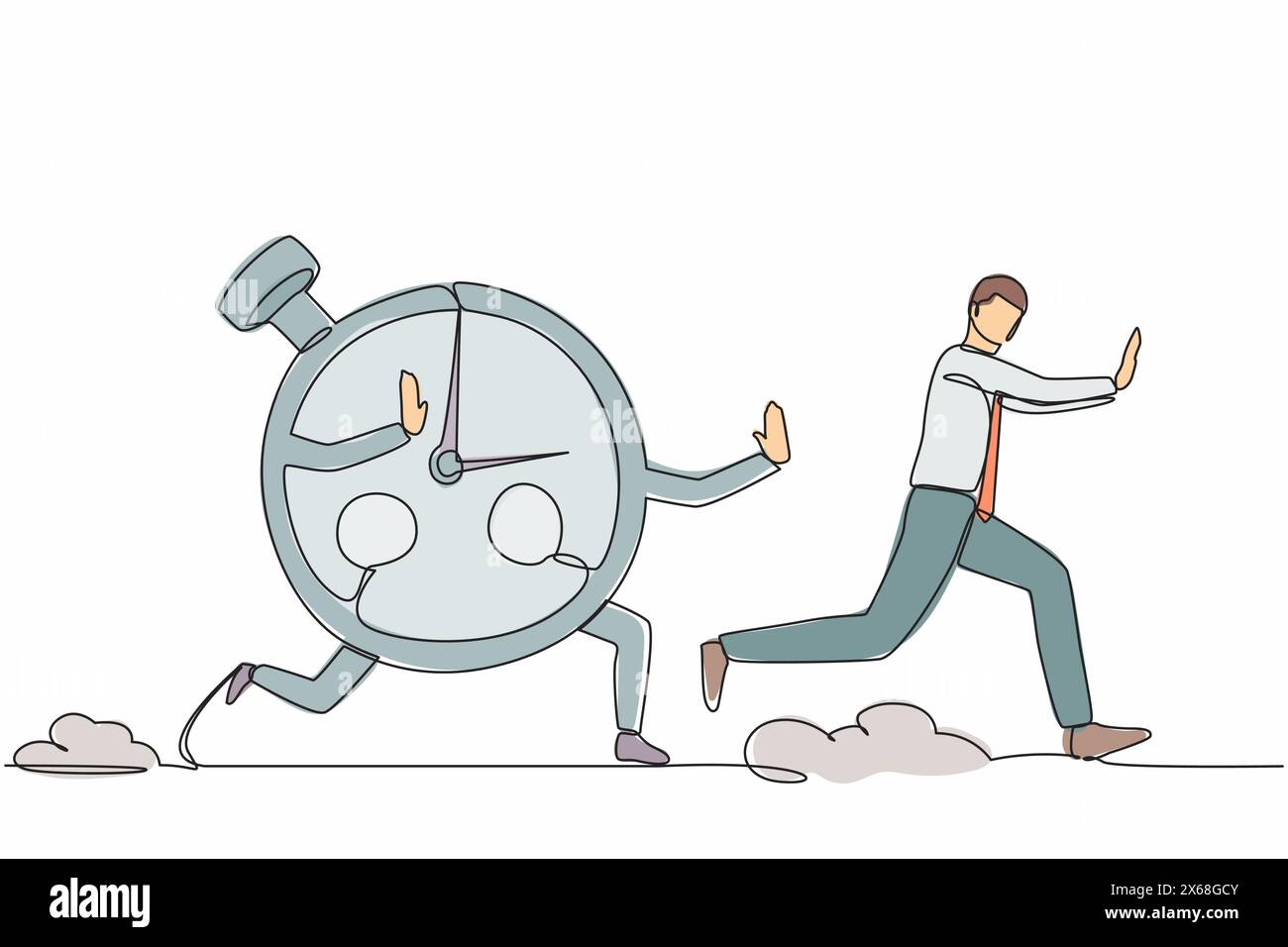 Le dessin de ligne continue unique a souligné l'homme d'affaires étant poursuivi par le chronomètre. Responsable poursuivi par la mesure, la gestion du temps, la planification efficace conc Illustration de Vecteur