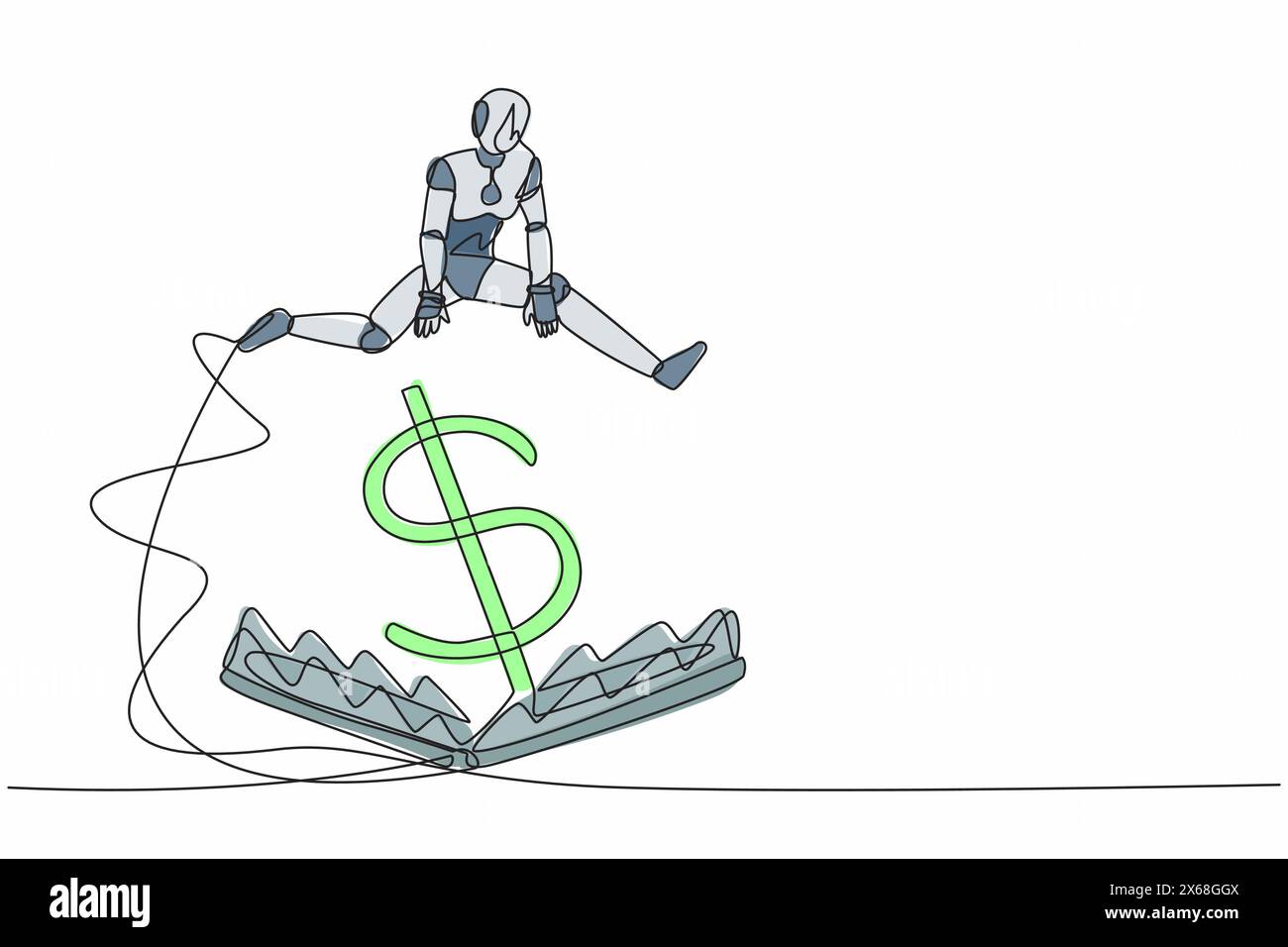 Robot de dessin continu d'une ligne sautant au-dessus de l'écueil de l'argent avec le symbole de gros dollar d'argent. Piège à argent financier. Orga cybernétique du futur robot humanoïde Illustration de Vecteur