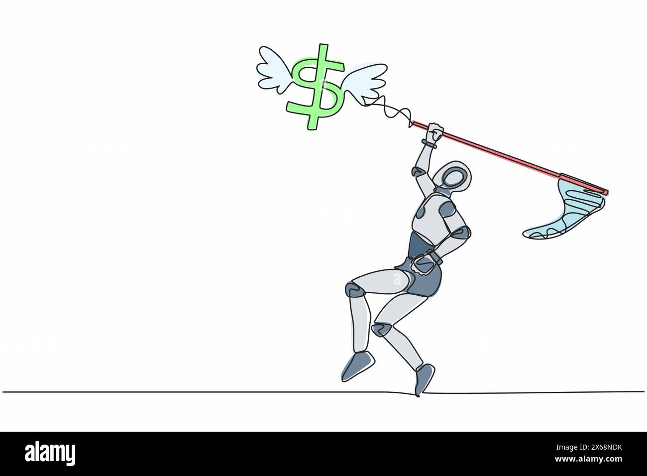 Robot de dessin continu d'une ligne essayer d'attraper le symbole de signe de dollar volant avec filet de papillon. Finance crise économique. Robot humanoïde cybernétique org Illustration de Vecteur