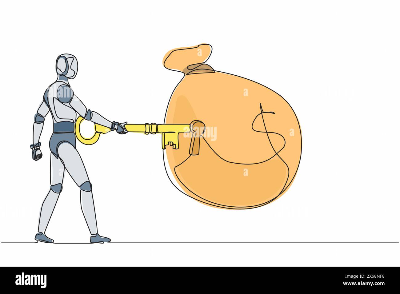 Robot de dessin continu d'une ligne mettre la grande clé dans le sac d'argent. Succès financier clé, refuge pour l'investissement. Organisme cybernétique robot humanoïde. Si Illustration de Vecteur