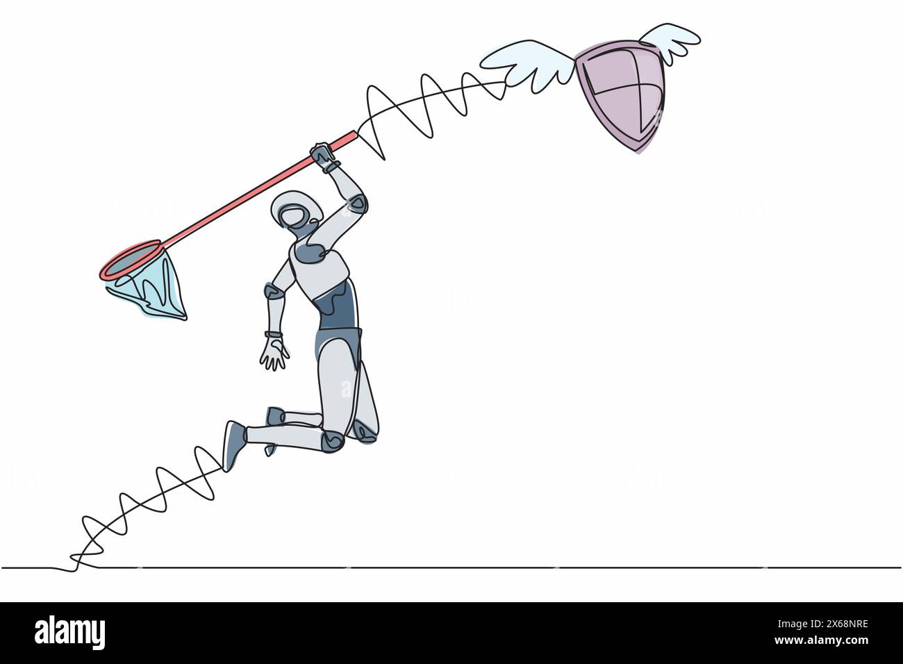 Robot de dessin continu d'une ligne essayer d'attraper bouclier volant avec filet papillon. Sécurité coûteuse pour la protection technique. Organi cybernétique humanoïde Illustration de Vecteur