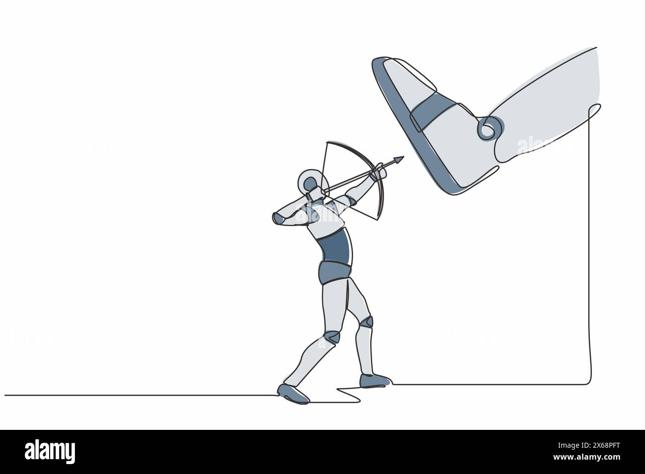 Robot dessinant une ligne continue unique pointant un arc contre des chaussures géantes qui poussent. Robot archerant contre une marche de pied géante. Intelligence artificielle robotique Illustration de Vecteur