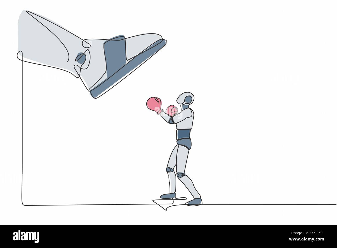 Robot dessinant une seule ligne poinçonnant uppercut sous une grosse poussée de pied. Robot contre autoritaire ou patron de colère. Développement technologique futur. Contin Illustration de Vecteur