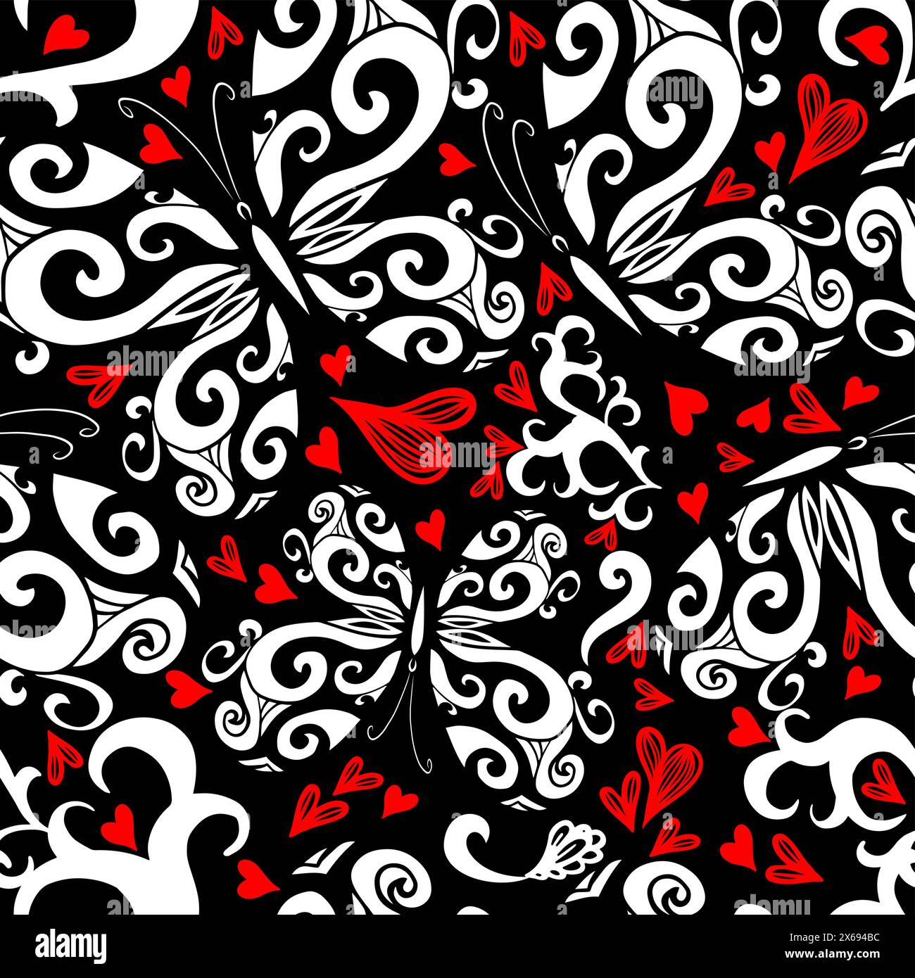 Papillons graphiques et coeurs rouges motif sans couture sur un fond sombre. dessin à la main. Pas ai, illustration vectorielle Illustration de Vecteur