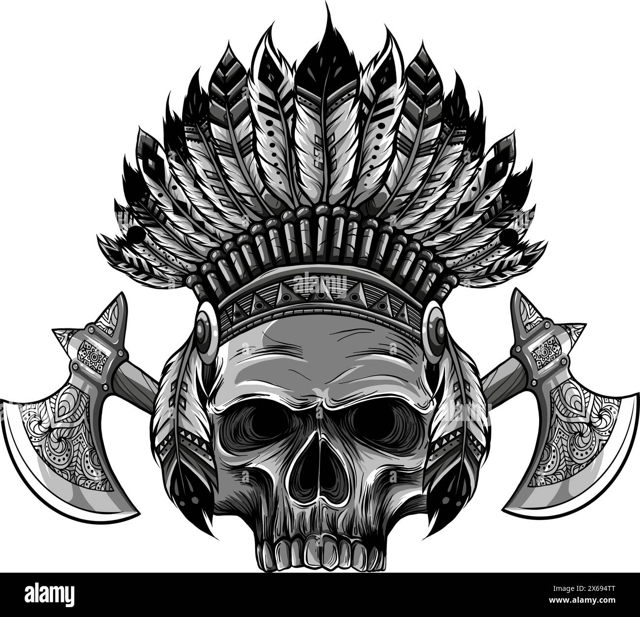 Illustration monochrome vectorielle du crâne stylisé portant un capot de guerre américain natif. Illustration de Vecteur Illustration monochrome vectorielle du crâne stylisé portant un capot de guerre américain natif. Illustration de Vecteur