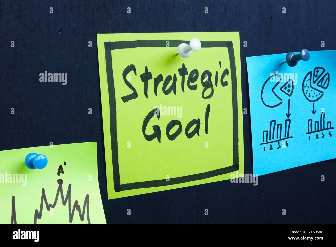 Tableau avec un objectif stratégique autocollant épinglé dessus Banque D'Images