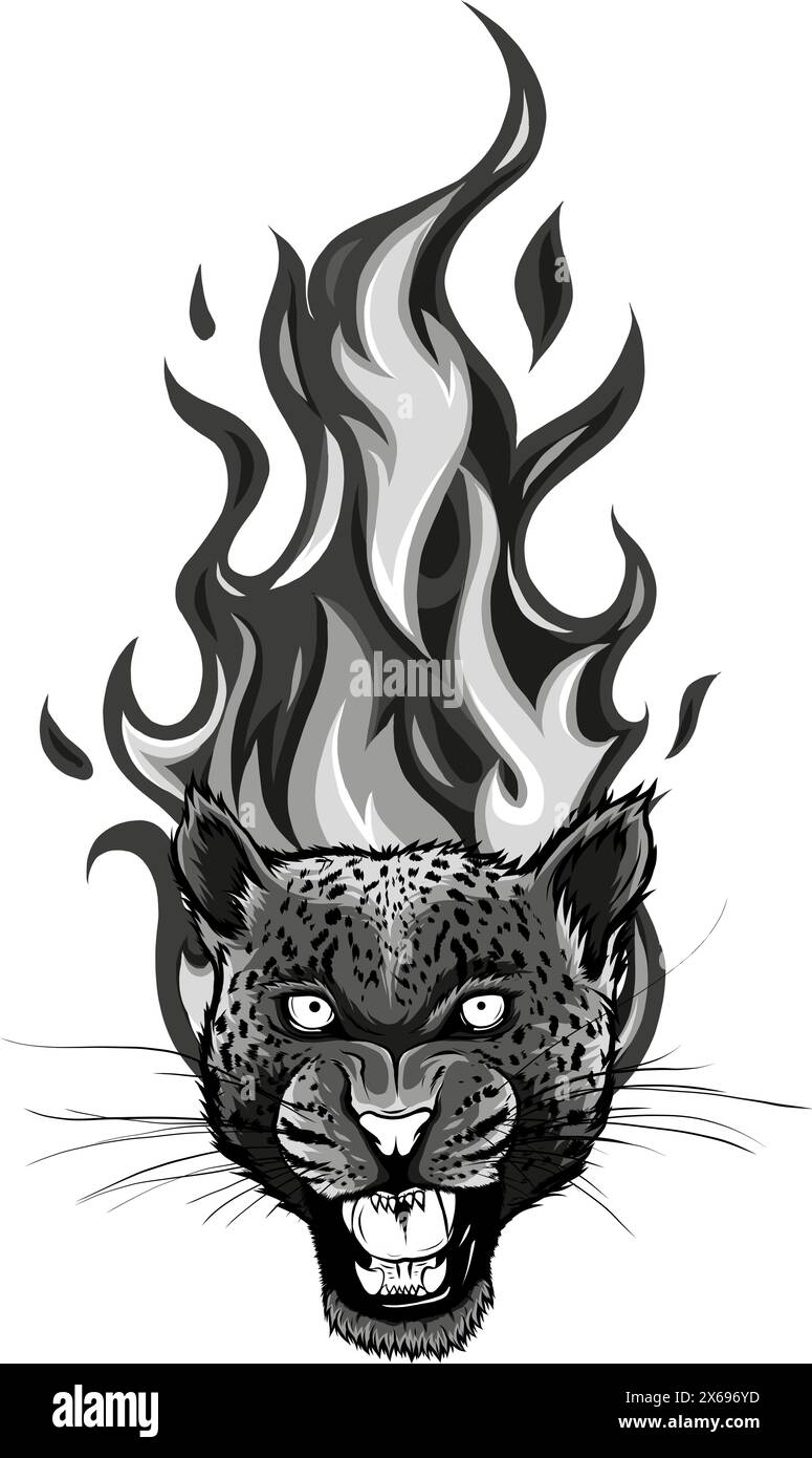tête de léopard monochrome avec conception d'illustration vectorielle de flammes Illustration de Vecteur