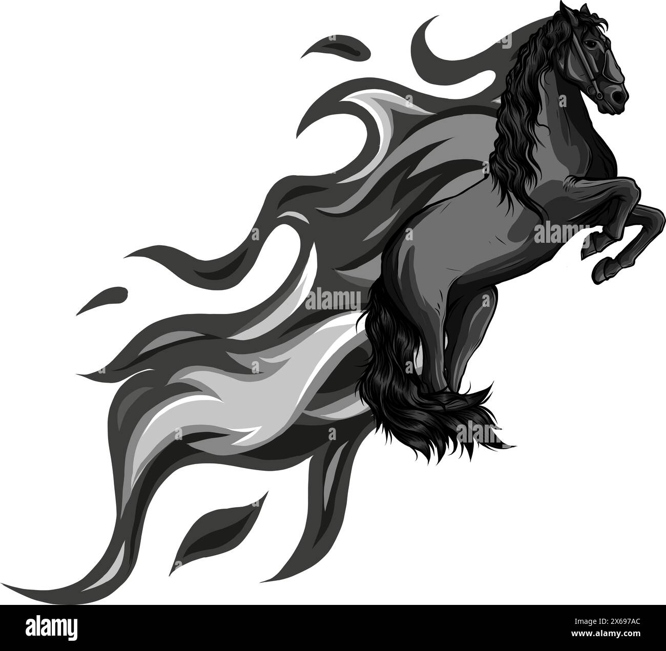 illustration vectorielle d'un cheval monochrome avec des flammes sur fond blanc Illustration de Vecteur