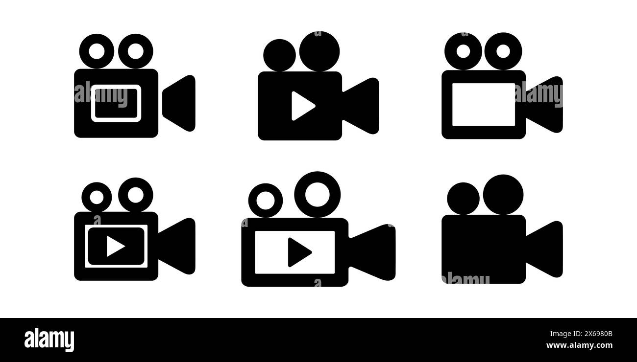 Collection de six icônes de caméra vidéo noire avec divers boutons de lecture sur fond blanc. Pour la production vidéo et le vlogging. Illustration de Vecteur