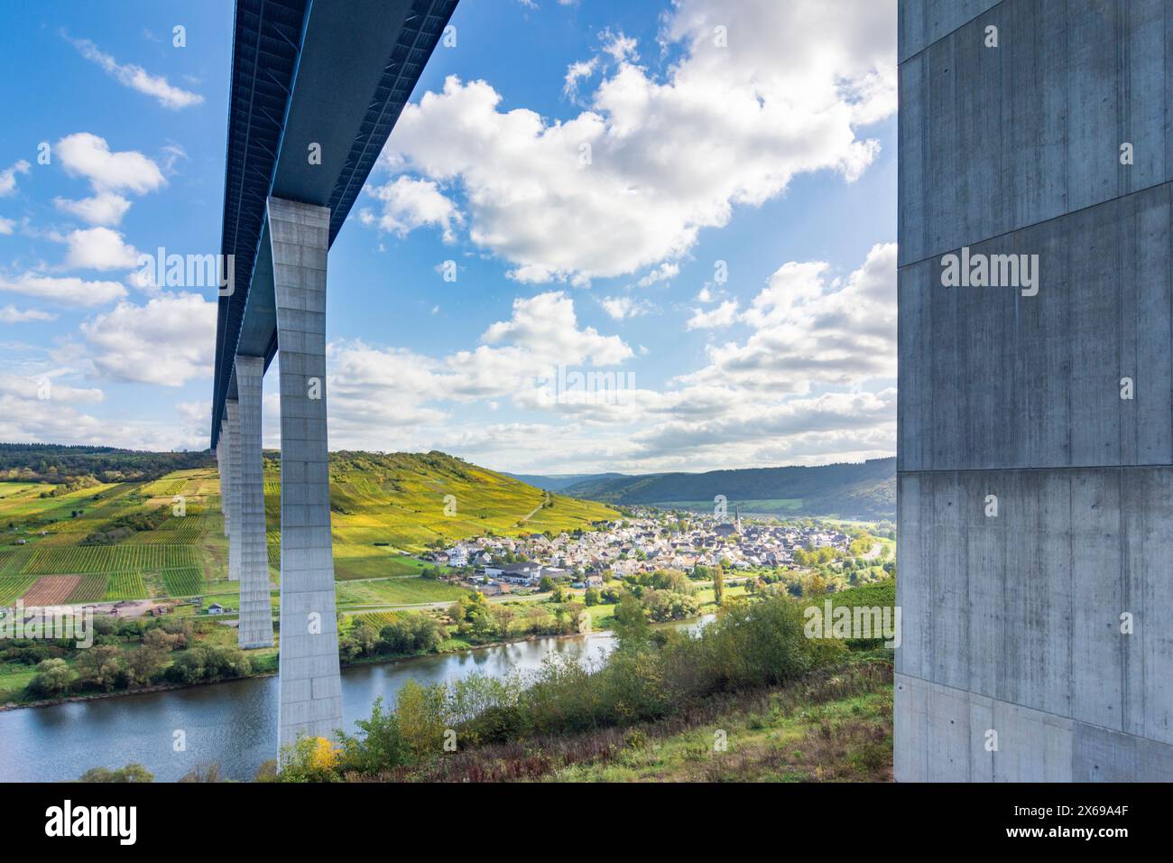 Zeltingen-Rachtig, Hochmoselbrücke (Pont de la haute Moselle), Moselle (Moselle), élevage, vignoble, village de Zeltingen-Rachtig, région de la Moselle, Rhénanie-Palatinat, Allemagne Banque D'Images