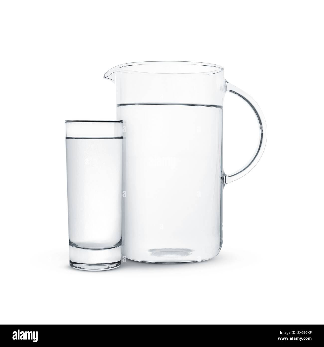 Verre et cruche avec de l'eau isolé sur blanc Banque D'Images
