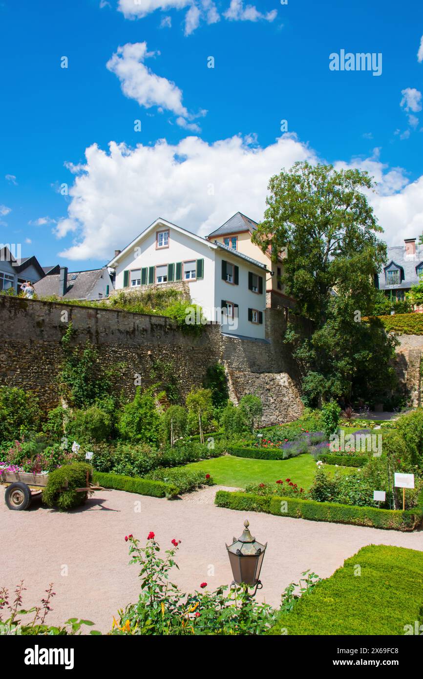 Grand beau jardin avec des arbres ; fleurs et pleine floraison d'été de printemps. Beaucoup de maisons autour du jardin. Banque D'Images