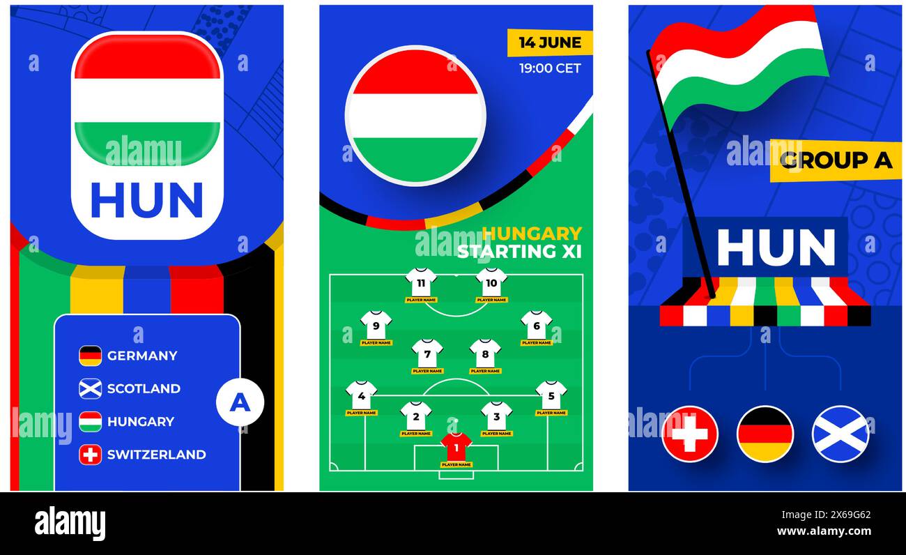 Bannière verticale de l'équipe de football de Hongrie 2024 pour les médias sociaux. Bannière Football 2024 avec groupe, drapeau d'épingle, calendrier des matchs et alignement sur le terrain de football Illustration de Vecteur