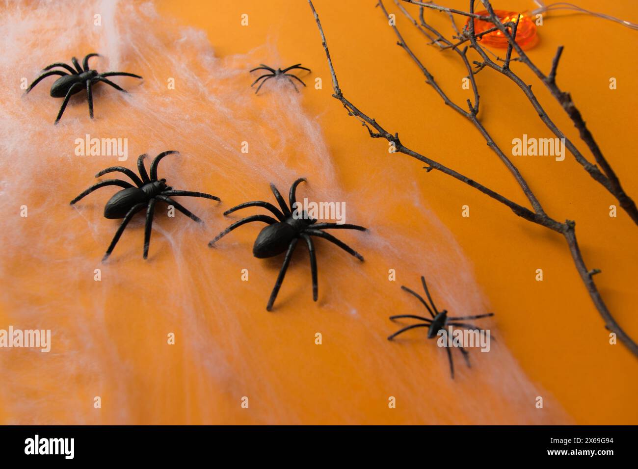 Décorations d'Halloween, citrouilles, toile, épines sur fond orange. Banque D'Images