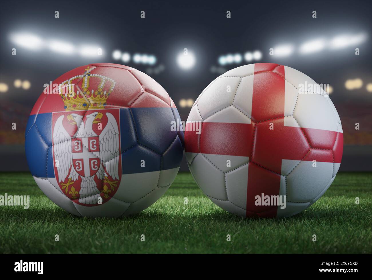 Deux ballons de football aux couleurs des drapeaux sur un fond flou du stade. Groupe C. Serbie et Angleterre. Image 3D. Banque D'Images