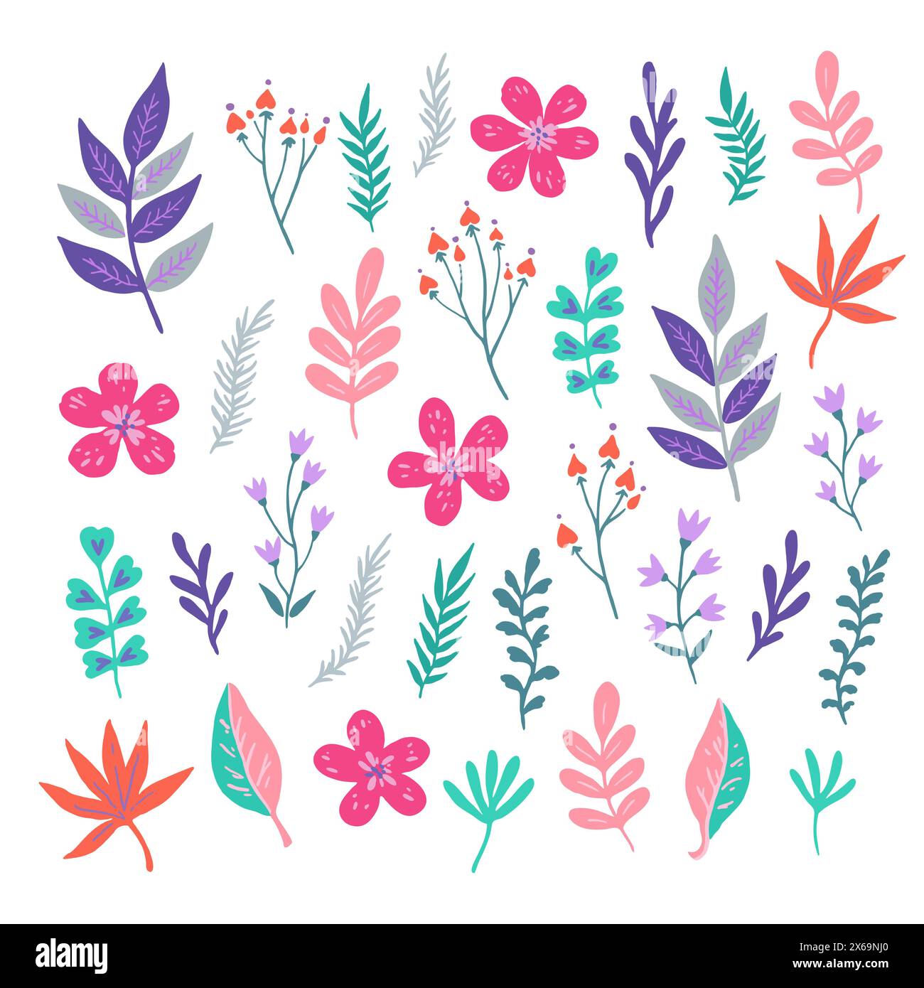 Grand ensemble d'éléments botaniques simples. Jolis doodle plantes et fleurs. Illustration vectorielle. Illustration de Vecteur