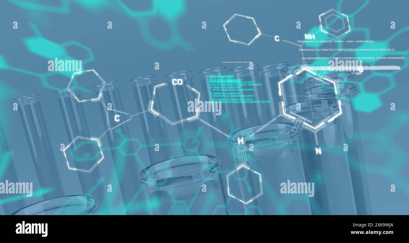Image des structures chimiques et du traitement des données sur tubes à essai sur fond bleu Banque D'Images
