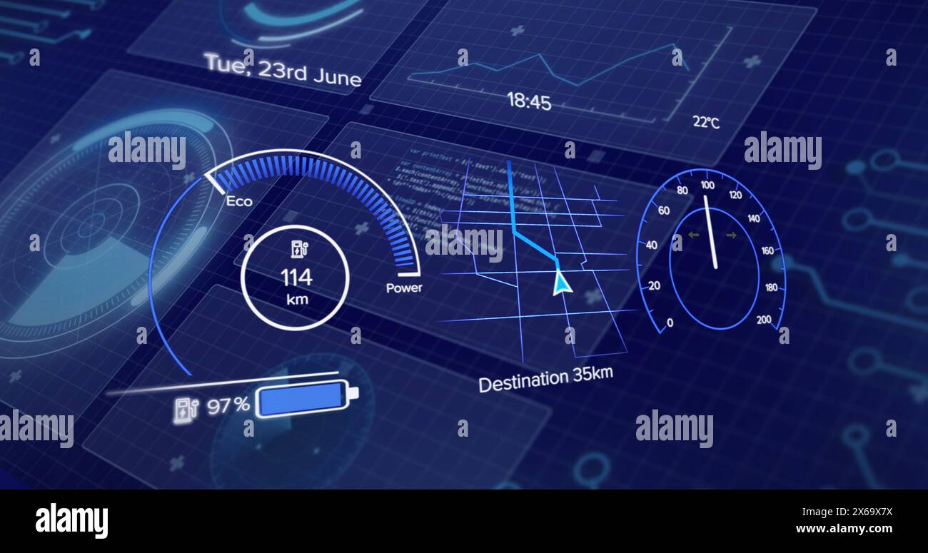 Image du cockpit de voiture sur traitement des données sur fond bleu Banque D'Images
