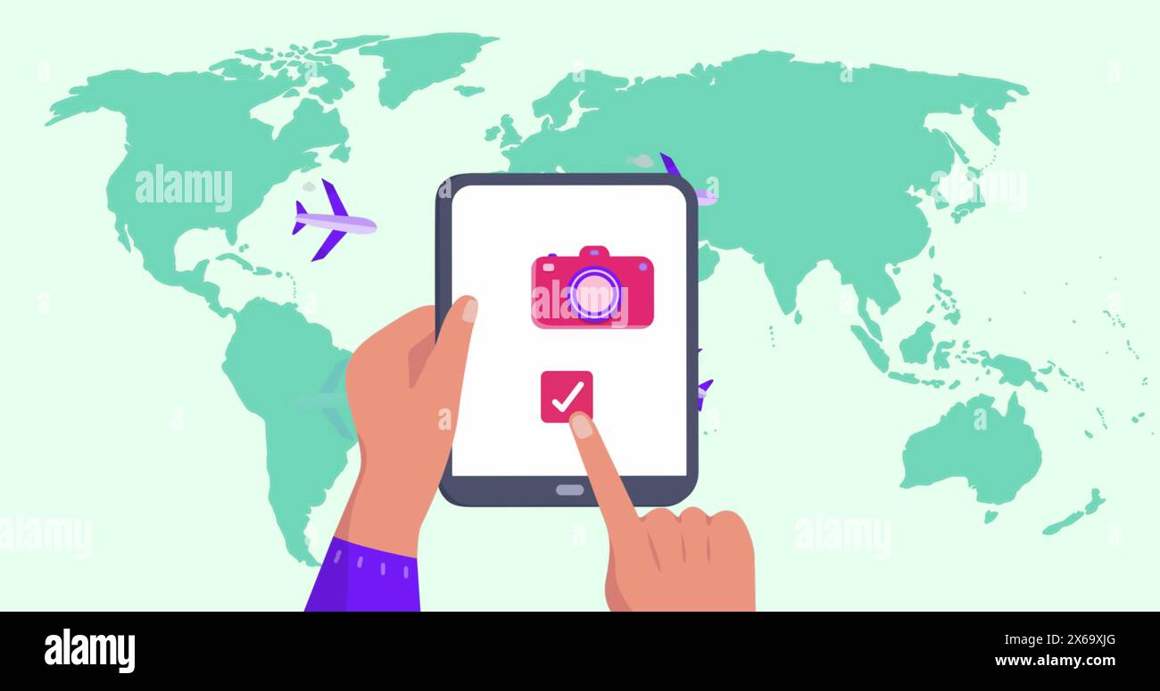 Image de la carte du monde sur les mains à l'aide d'une tablette Banque D'Images