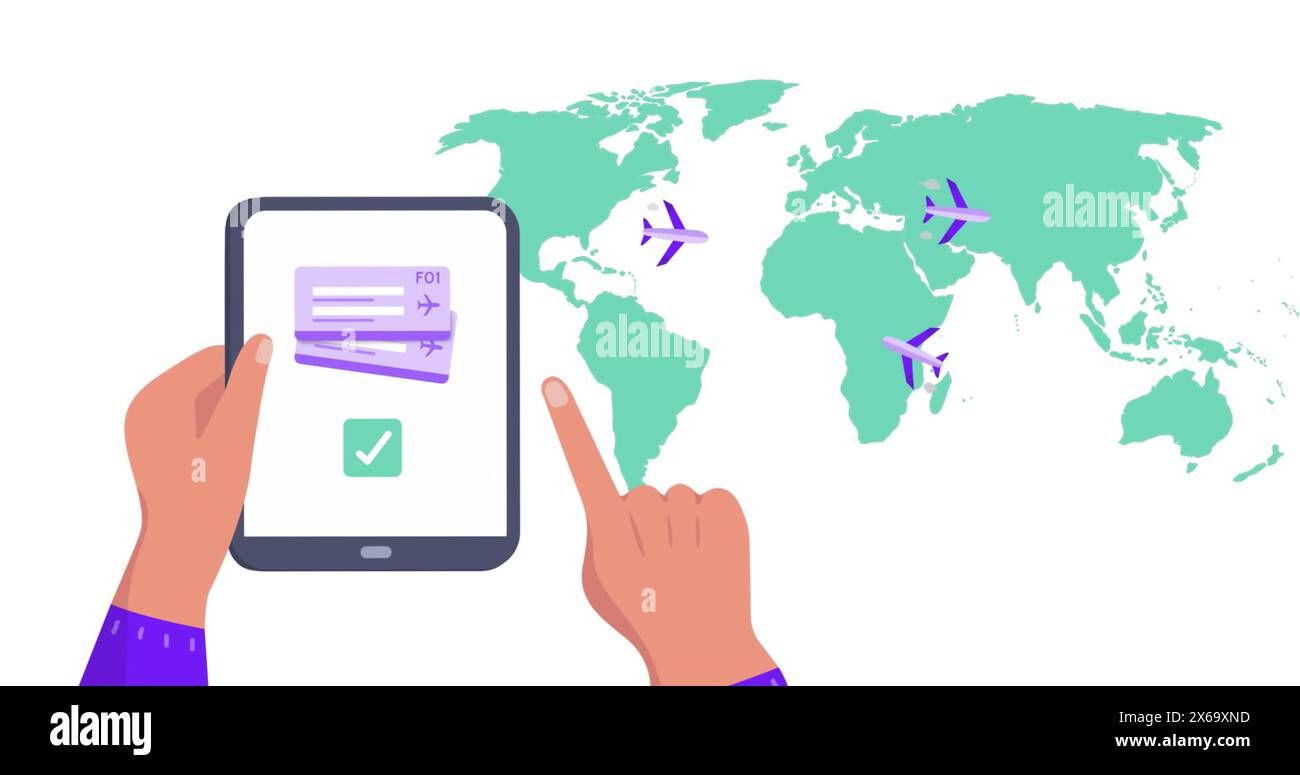 Image de la carte du monde sur les mains à l'aide d'une tablette Banque D'Images