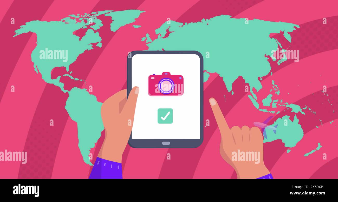 Image de la carte du monde sur les mains à l'aide d'une tablette Banque D'Images