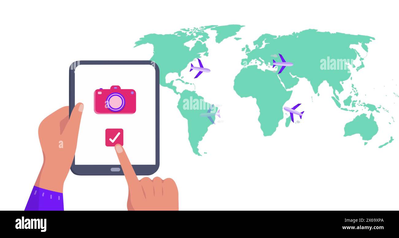 Image de la carte du monde sur les mains à l'aide d'une tablette Banque D'Images