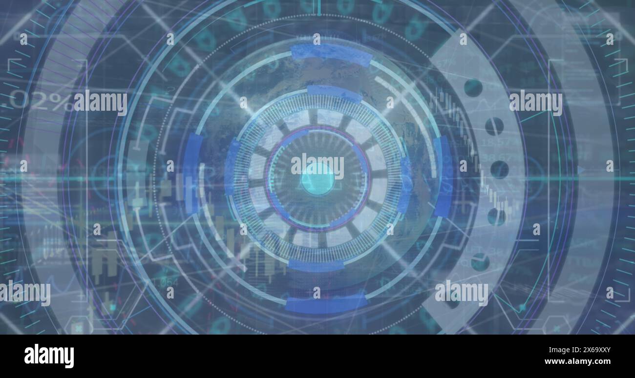 Image de l'oscilloscope scannant sur le traitement des données et le réseau de connexions sur fond noir Banque D'Images