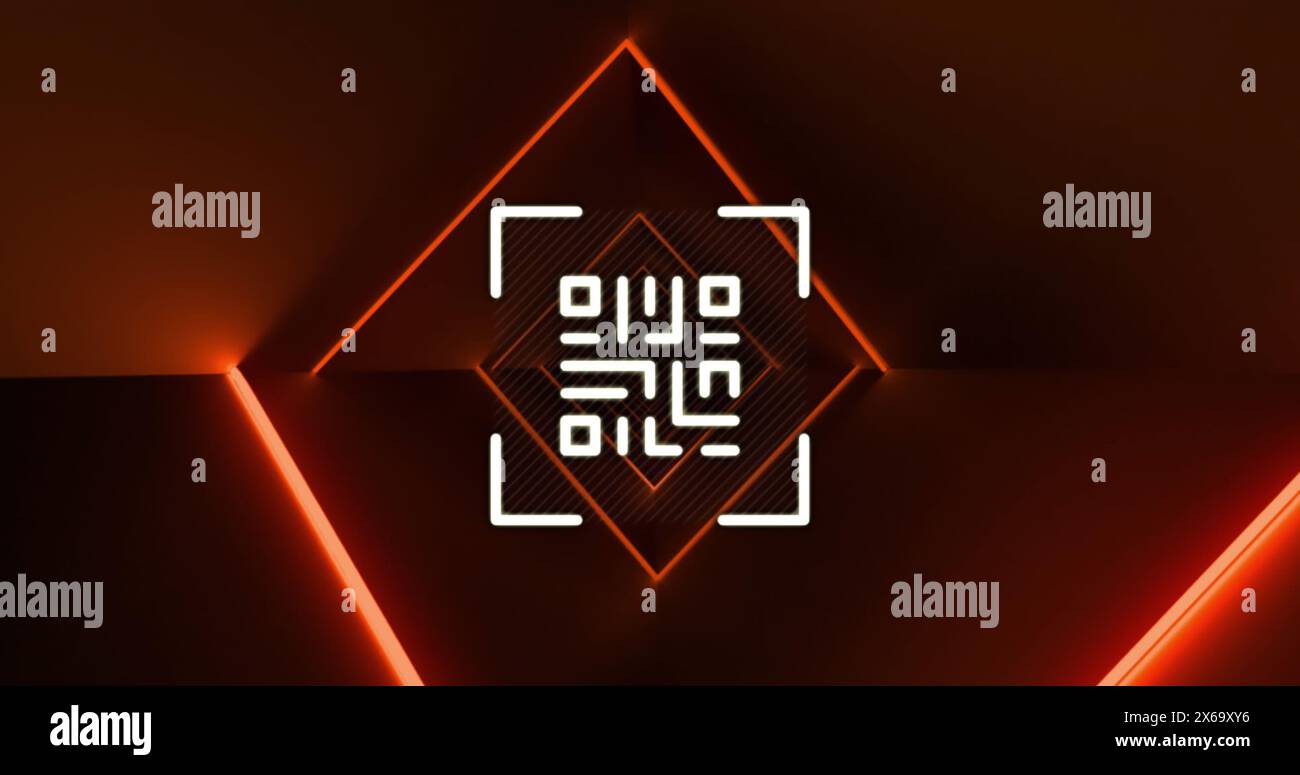 Image du scanner de code qr sur des traînées de lumière au néon dans un motif sans couture sur fond orange Banque D'Images