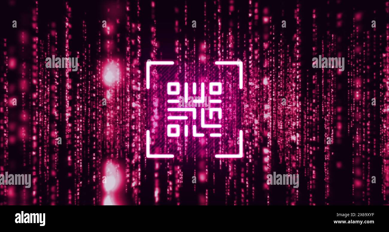 Image du scanner de code qr sur des traînées de lumière rose néon sur fond noir Banque D'Images