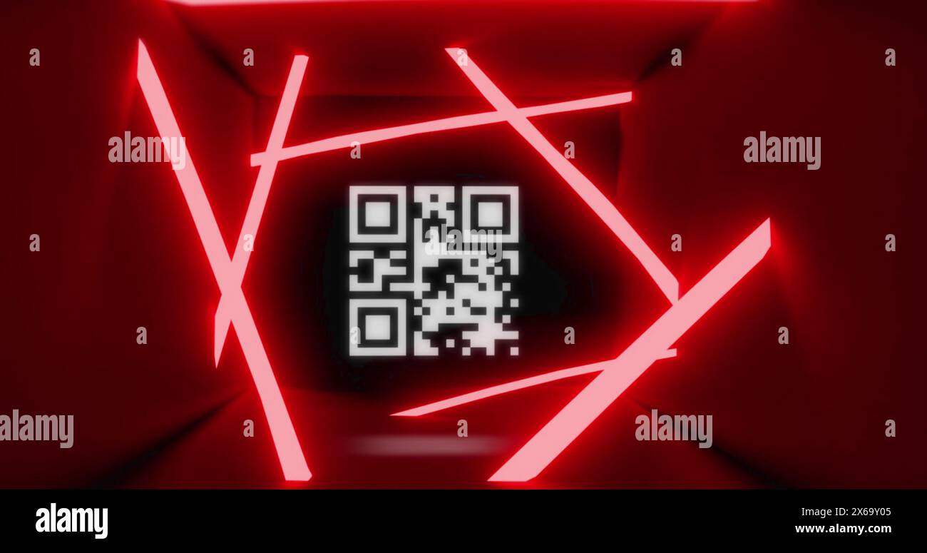 Illustration d'un lecteur de code qr clignotant et de bandes rouges fluo sur fond rouge Banque D'Images