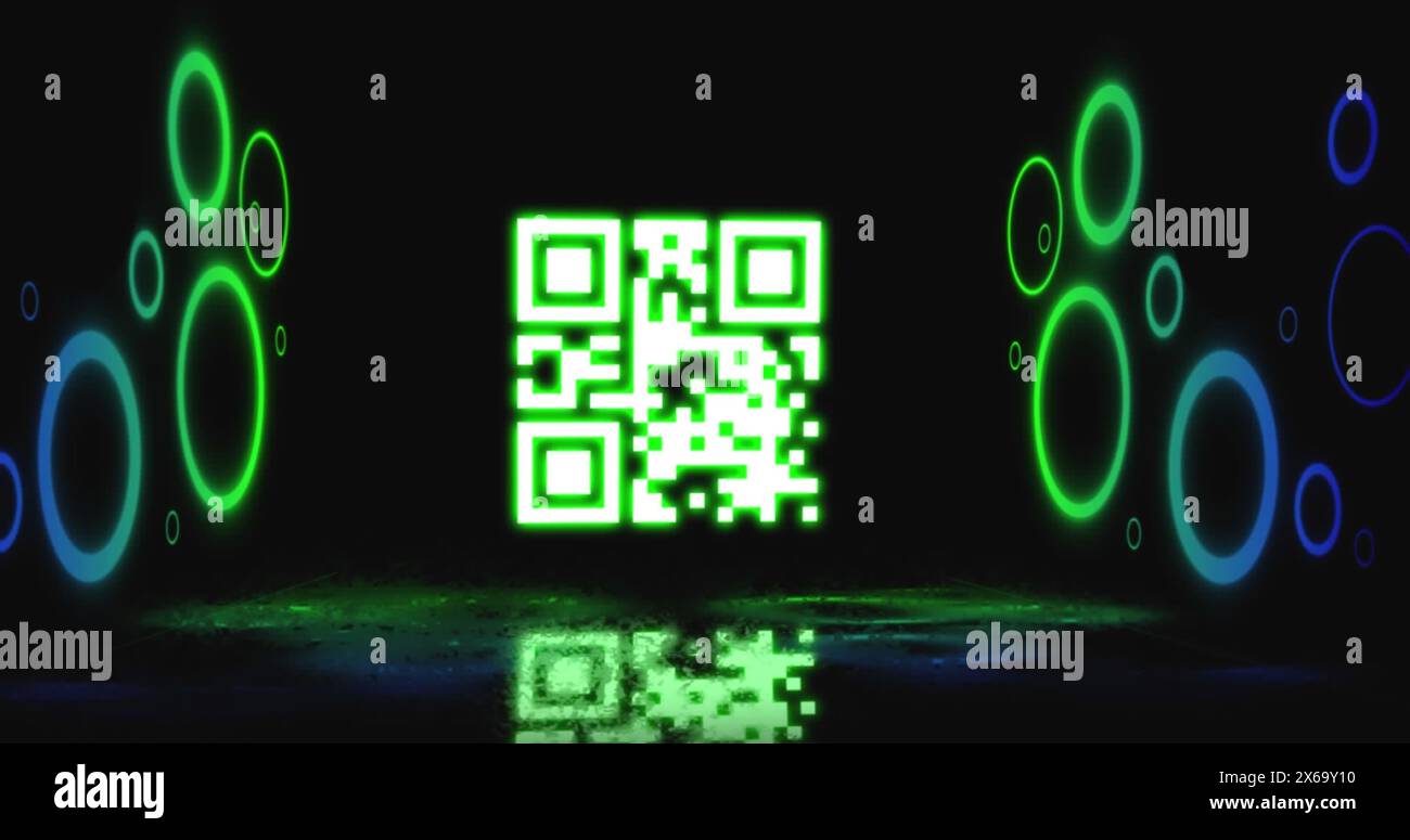 Image d'un scanner de code qr vert néon scintillant et de formes circulaires sur fond noir Banque D'Images