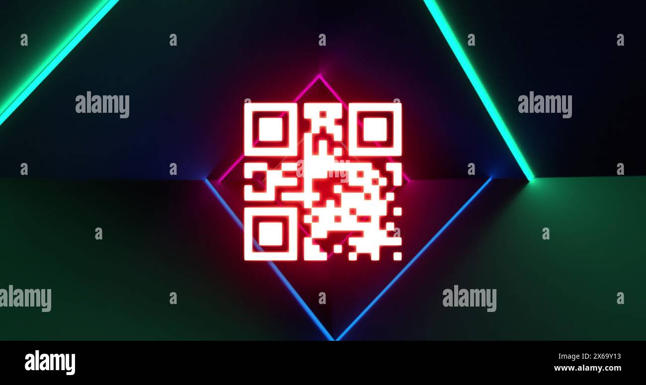 Image du scanner de code qr sur des traînées lumineuses au néon dans un motif sans couture sur fond noir Banque D'Images
