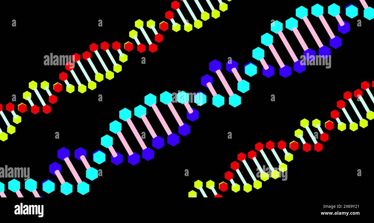 Image de confettis tombant et trois brins d'adn se déplaçant sur fond noir Banque D'Images