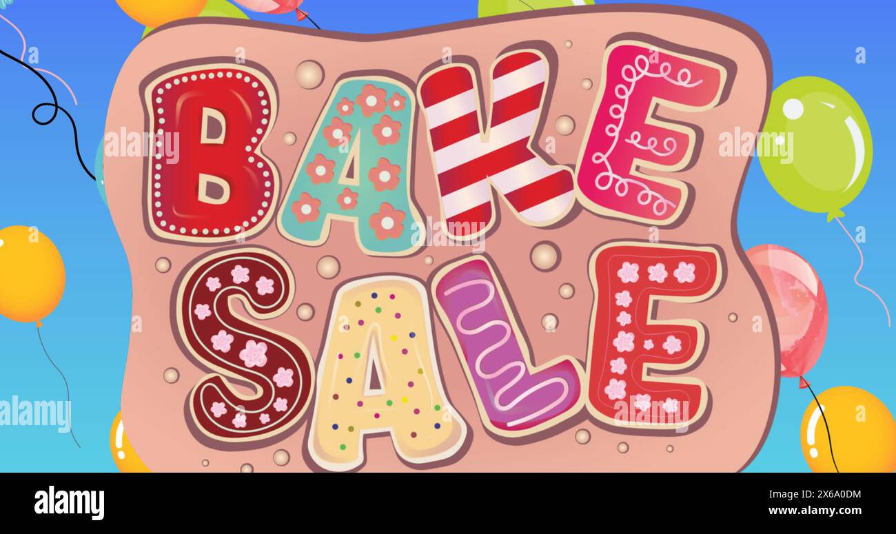 Image des mots cuire vente en lettres colorées de glaçage avec des ballons flottant sur bleu Banque D'Images