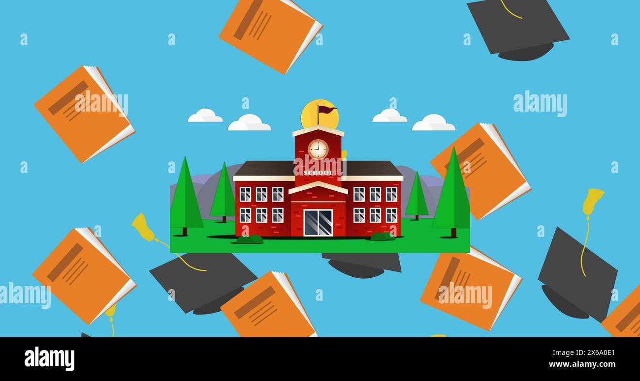 Chapeau de graduation et icônes de livre tombant sur l'icône de bâtiment de l'école sur fond bleu Banque D'Images
