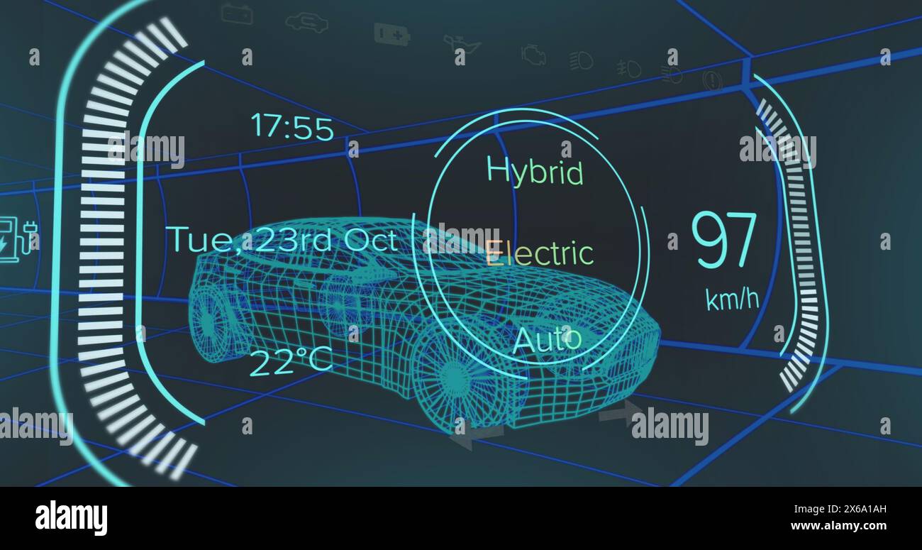 Affichage numérique mettant en évidence les caractéristiques de la voiture électrique hybride Banque D'Images