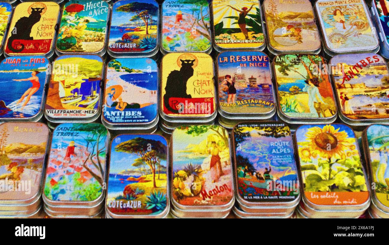 Boîtes à affiches de voyage vintage, marché aux fleurs, cours Saleya, Nice, France. Banque D'Images