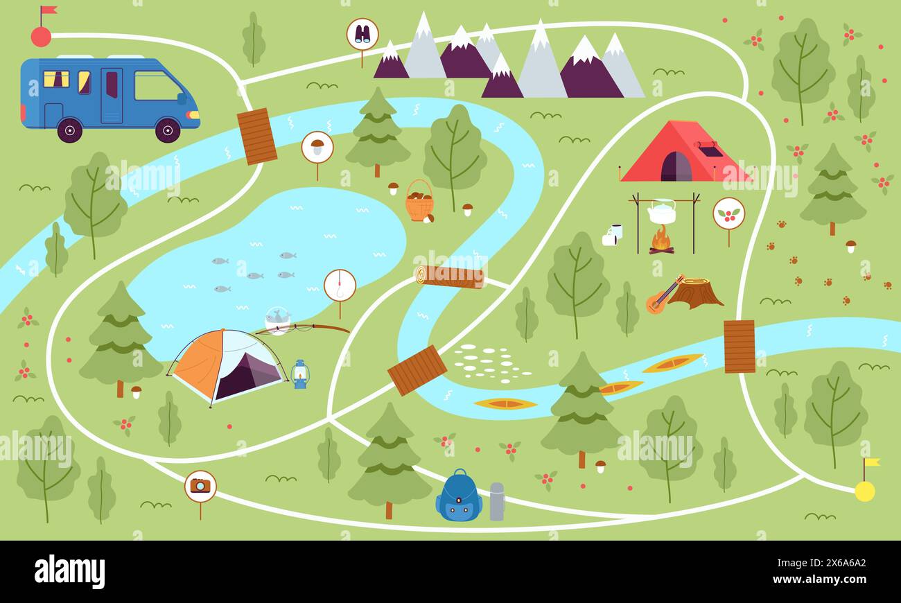 Carte de camping cartoon. Aventures saisonnières sur la nature. Infographie du camp avec transport, lac et tentes. Planification de la randonnée, fond de vecteur décent Illustration de Vecteur