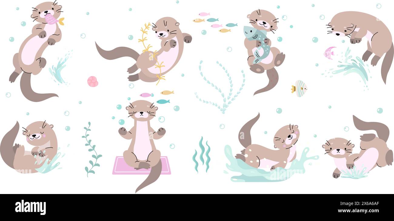 Personnages de loutres mignons. Otter pose un ensemble de dessins animés isolés. Animaux drôles nageant dans la rivière ou le lac, mangeant et jouant. Nature de nos jours clipart vectoriel Illustration de Vecteur