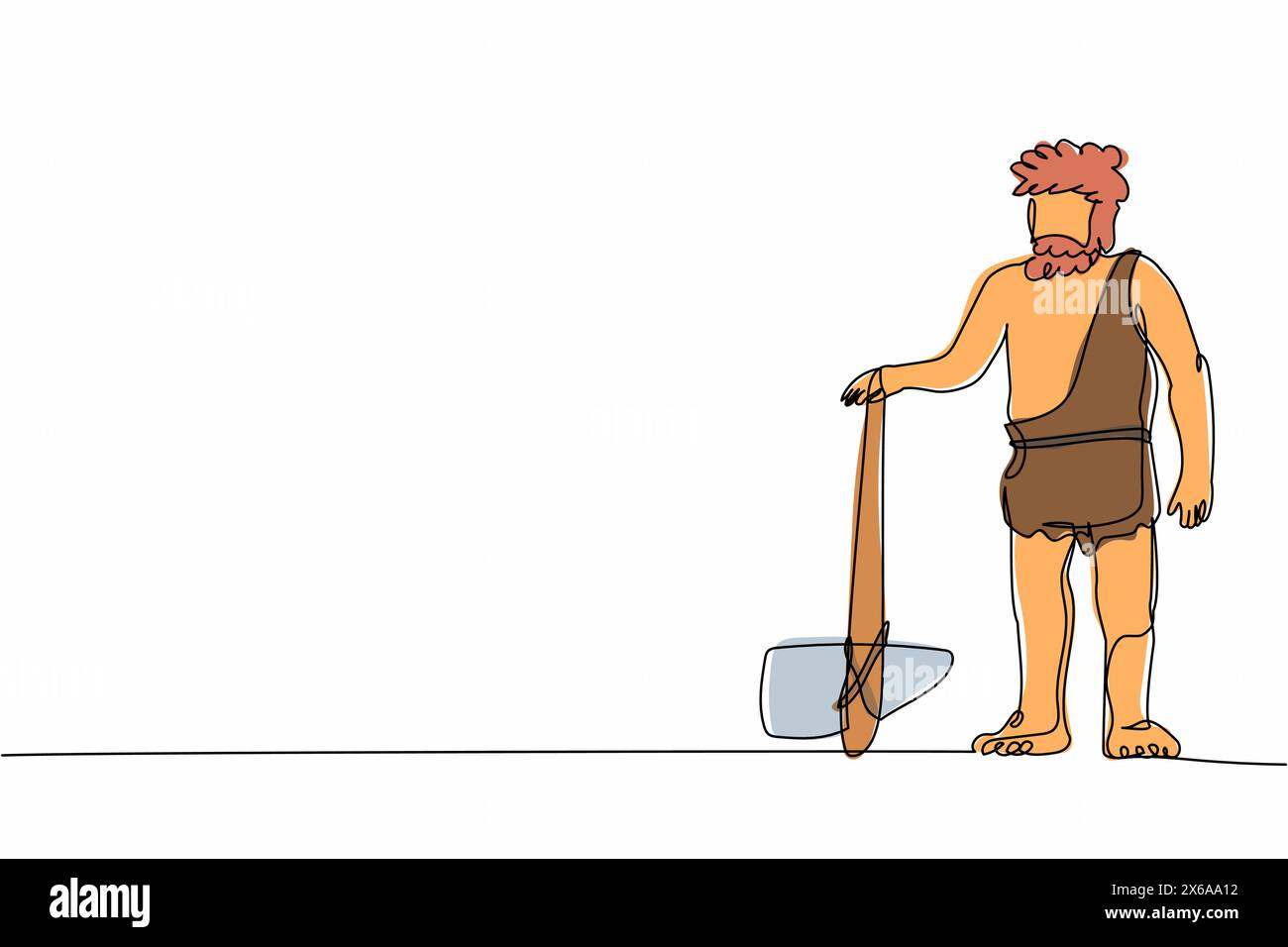 Simple une ligne dessinant homme des cavernes debout et tenant la hache de pierre. Homme barbu préhistorique vêtu de peaux animales. Chasseur néandertalien. Humain ancien. CON Illustration de Vecteur
