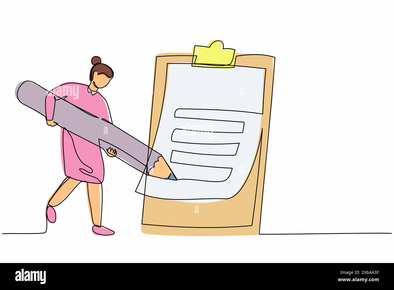 Continue d'une ligne dessinant femme d'affaires écrivant sur presse-papiers avec crayon. Tâche métier achèvement personne. Calendrier de planification de la réalisation des objectifs. Chantez Illustration de Vecteur