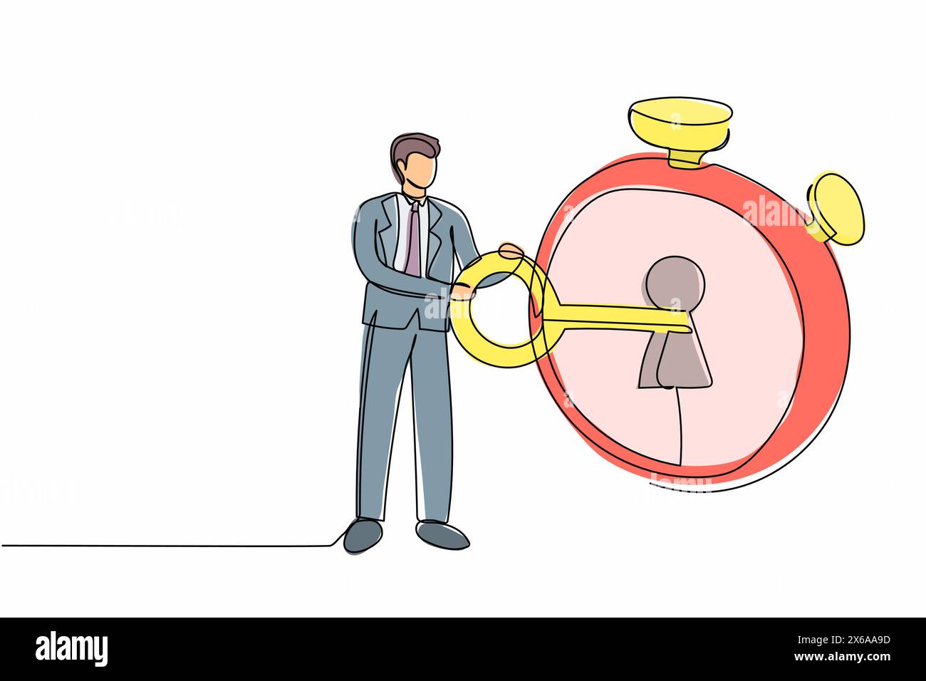 Continu une ligne dessinant homme d'affaires mettant la grande clé dans le chronomètre. Concept de gestion du temps. Planification efficace du travail productif, délai. Péché Illustration de Vecteur